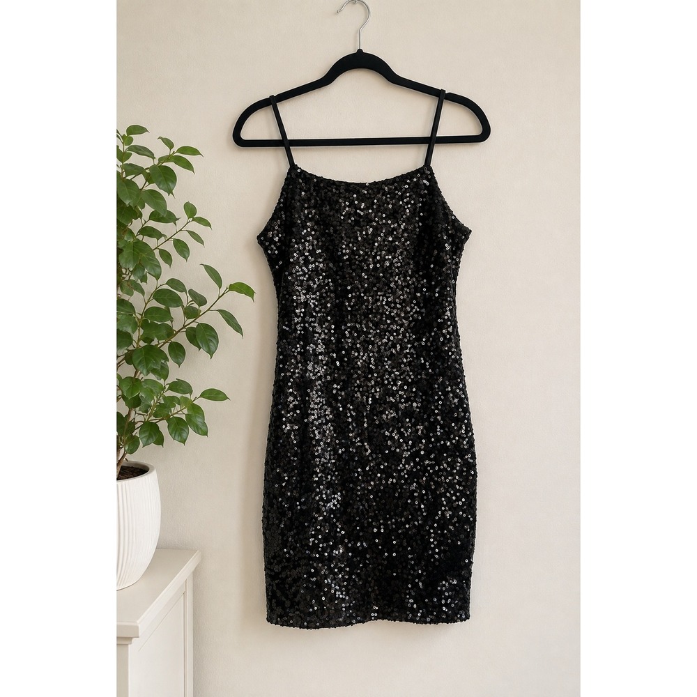 Mind Code Black Sequin Bodycon Mini Dress Spaghetti Strap Party Club Cocktail XS